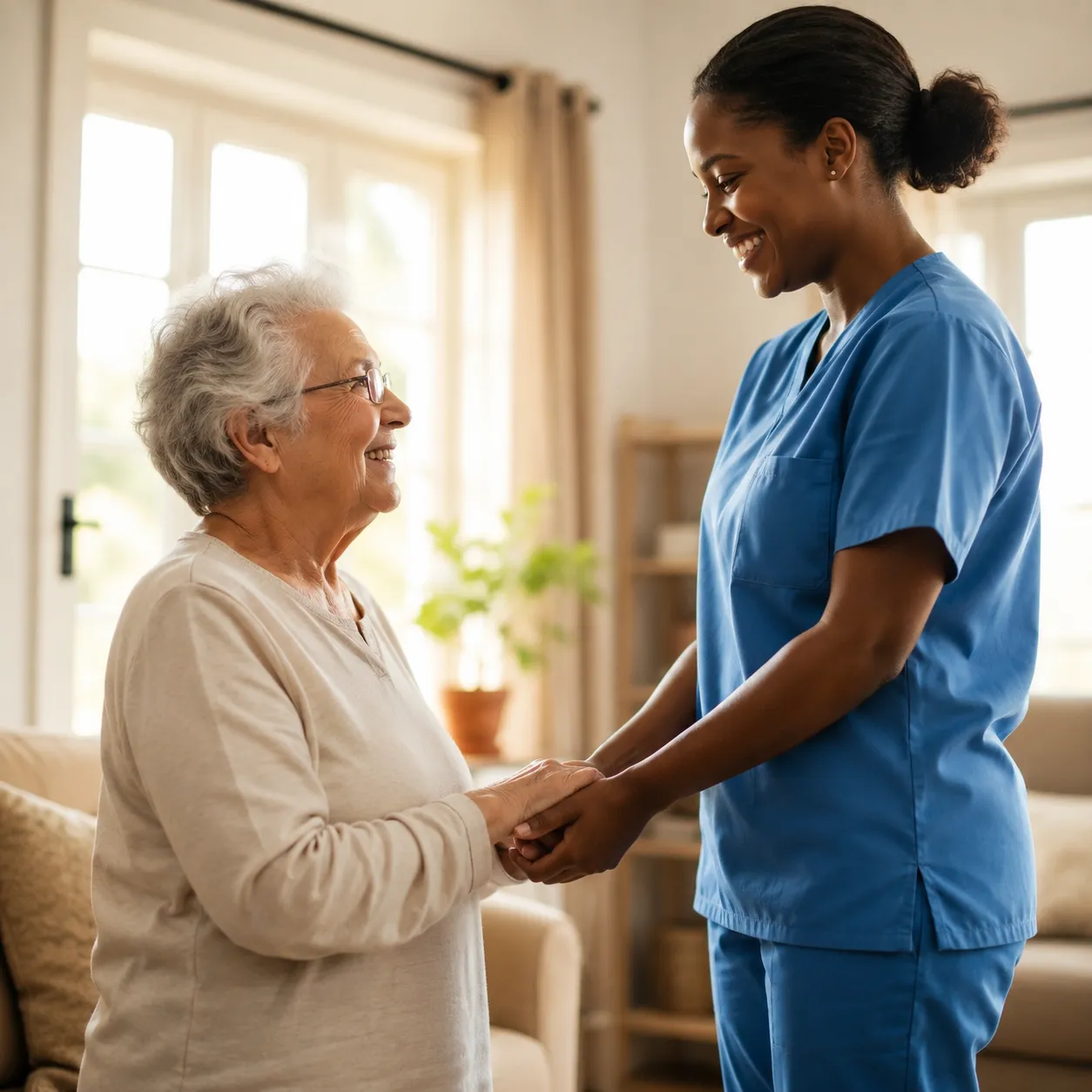 Nurse gently holding a senior's hand at home